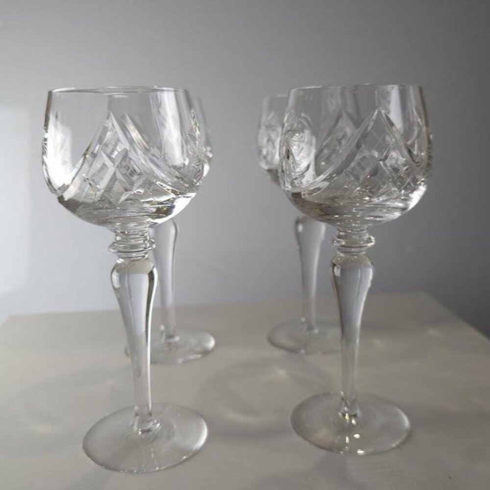 4 Vintage Pinwheel Crystal Wine Glasses, Crystal Hand Cut Wine Glasses